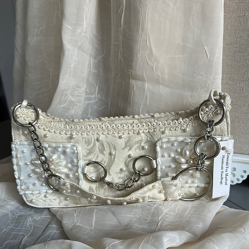 Hand beaded genuine pearl baguette purse bag